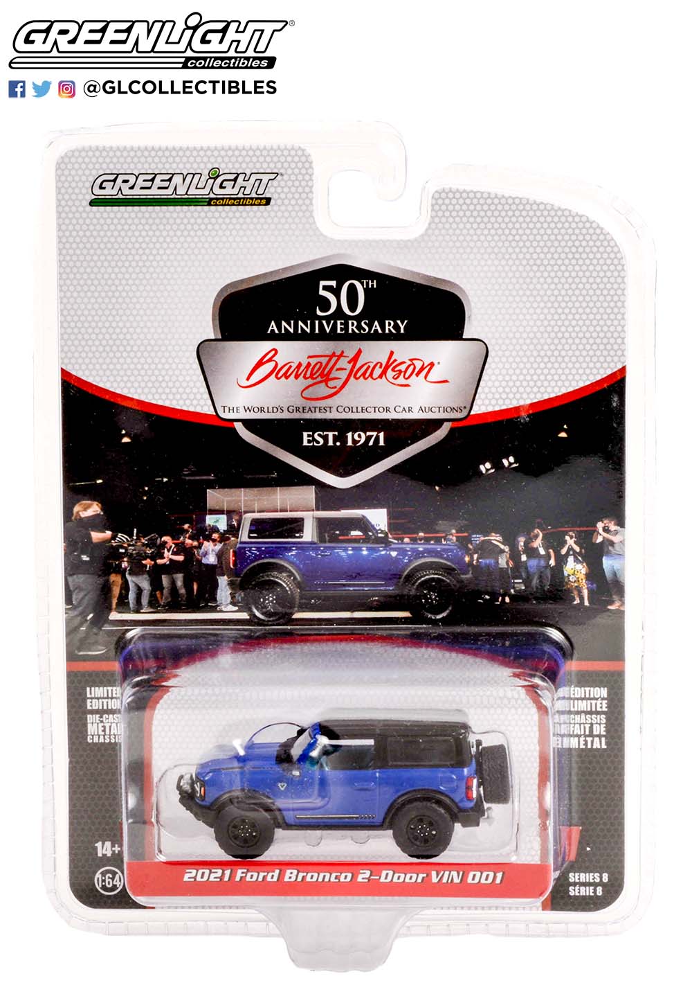 GL37240E - 1:64 2021 Ford Bronco 2-Door VIN #001 (Lot #3008) - Lighting Blue with Navy Pier Interior - Image 2