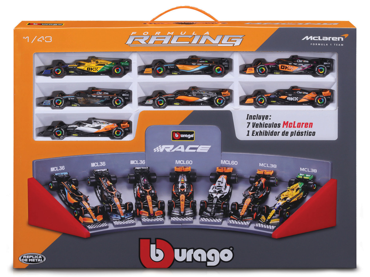 Bur18-38169 - Bburago 1:43 McLaren F1 Delux Gift Box Set and Stand with 7 x Formula 1 Cars (Car sizes 13cm Long)