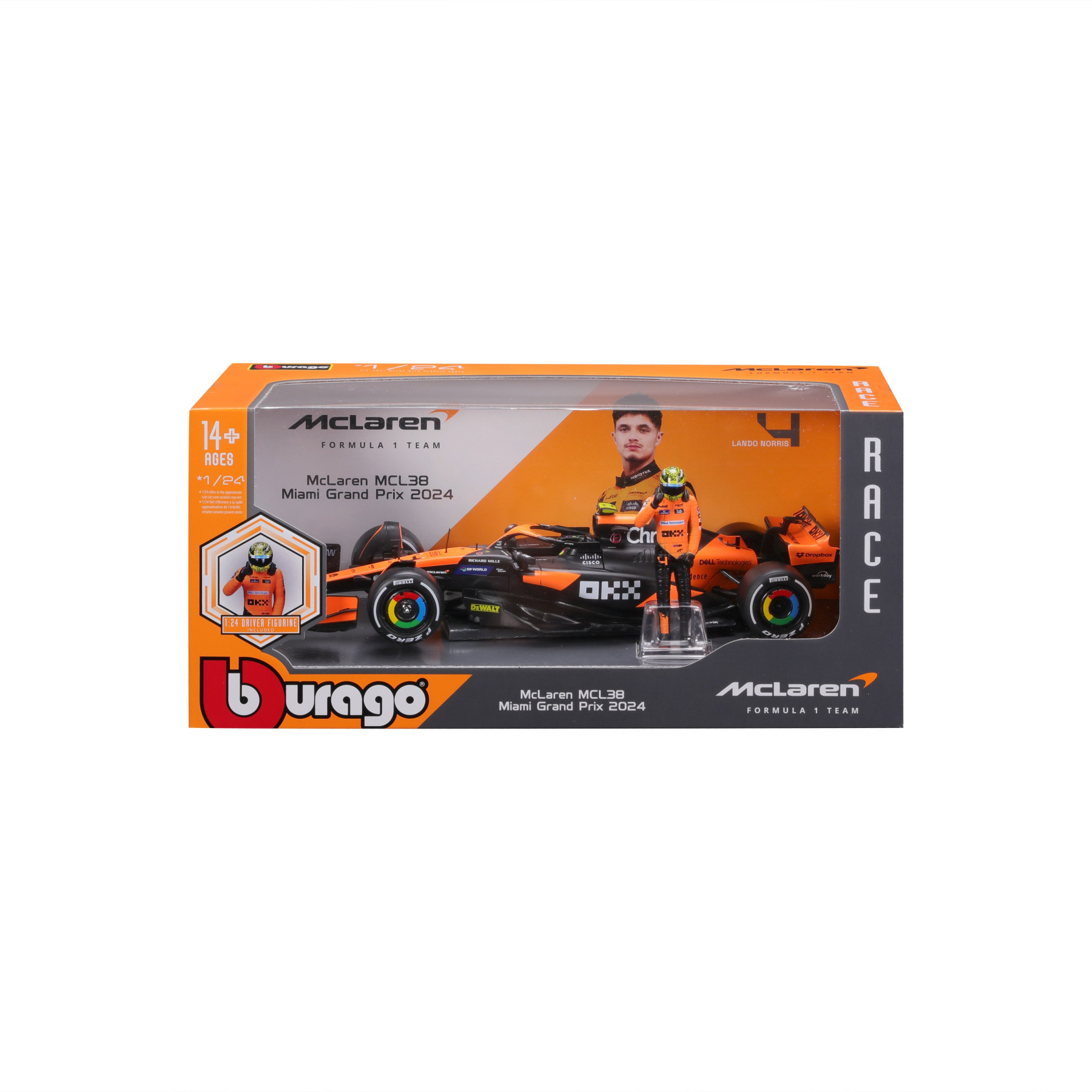 Bur18-28040 - Bburago - 1:24 McLaren F1 MCL38 2024 with Driver figurine #4 L.Norris (23cm long) - Image 4