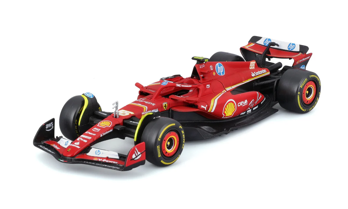 Bur18-36843-55 - Bburago 1:43 Ferrari F1 SF-24 2024 #55 Carlos Sainz with Helmet and Case (13cm long)