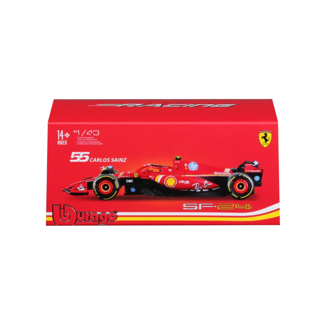 Bur18-36843-55 - Bburago 1:43 Ferrari F1 SF-24 2024 #55 Carlos Sainz with Helmet and Case (13cm long) - Image 2