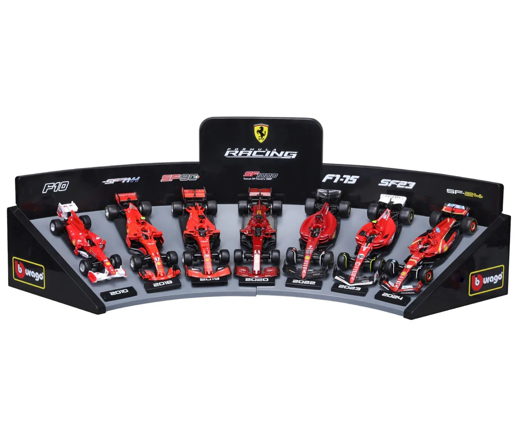Bur18-36864 - Bburago 1:43 Ferrari F1 Team Delux Gift Box Set and Stand with 7 x Formula 1 Cars (Car sizes 13cm Long)