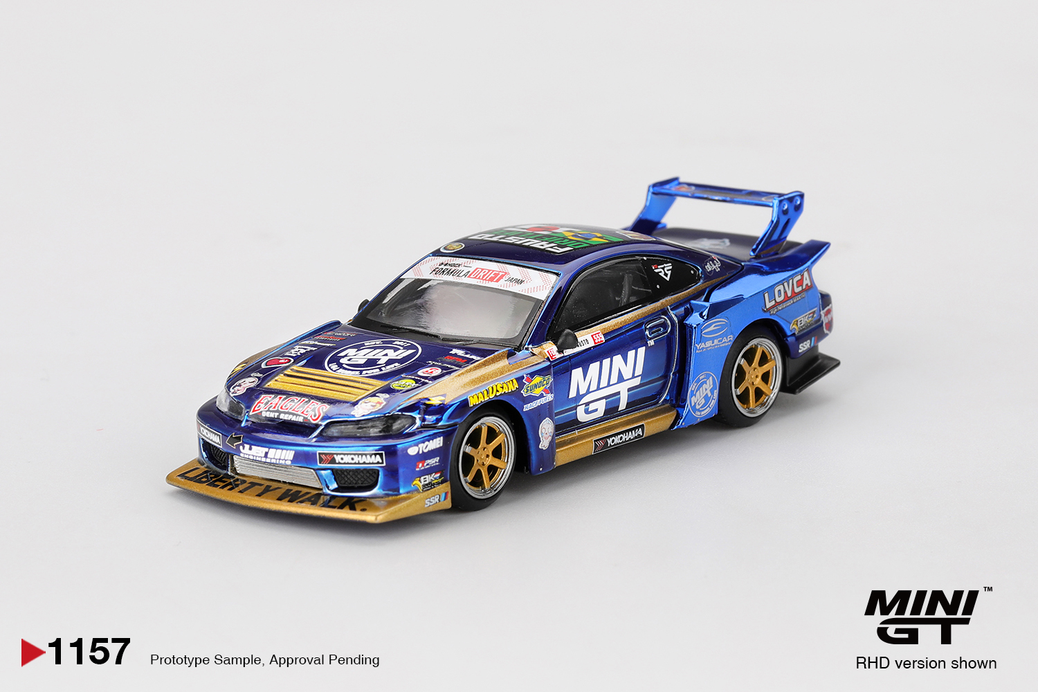 MGT01157-R - Mini GT - 1:64 Nissan Silvia (S15) LB-Super Silhouette #555 Team MINI GT Liberty Walk 2025 Formula Drift (7cm Long)