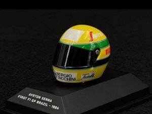 PMA540308419 – Minichamps 1:8 Helmet – Ayrton Senna First F1 GP Brazil 1984 (3cm High)