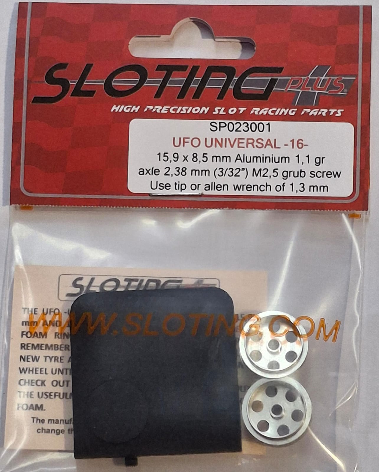 SP023001 - Sloting Plus - UFO Universal Wheel 15,9 x 8,5mm Aluminium 1,1g for 2,38mm (3/32") Axle, M2,5 Grub Screw (Use 1,3mm tip or allen wrench) - Image 2