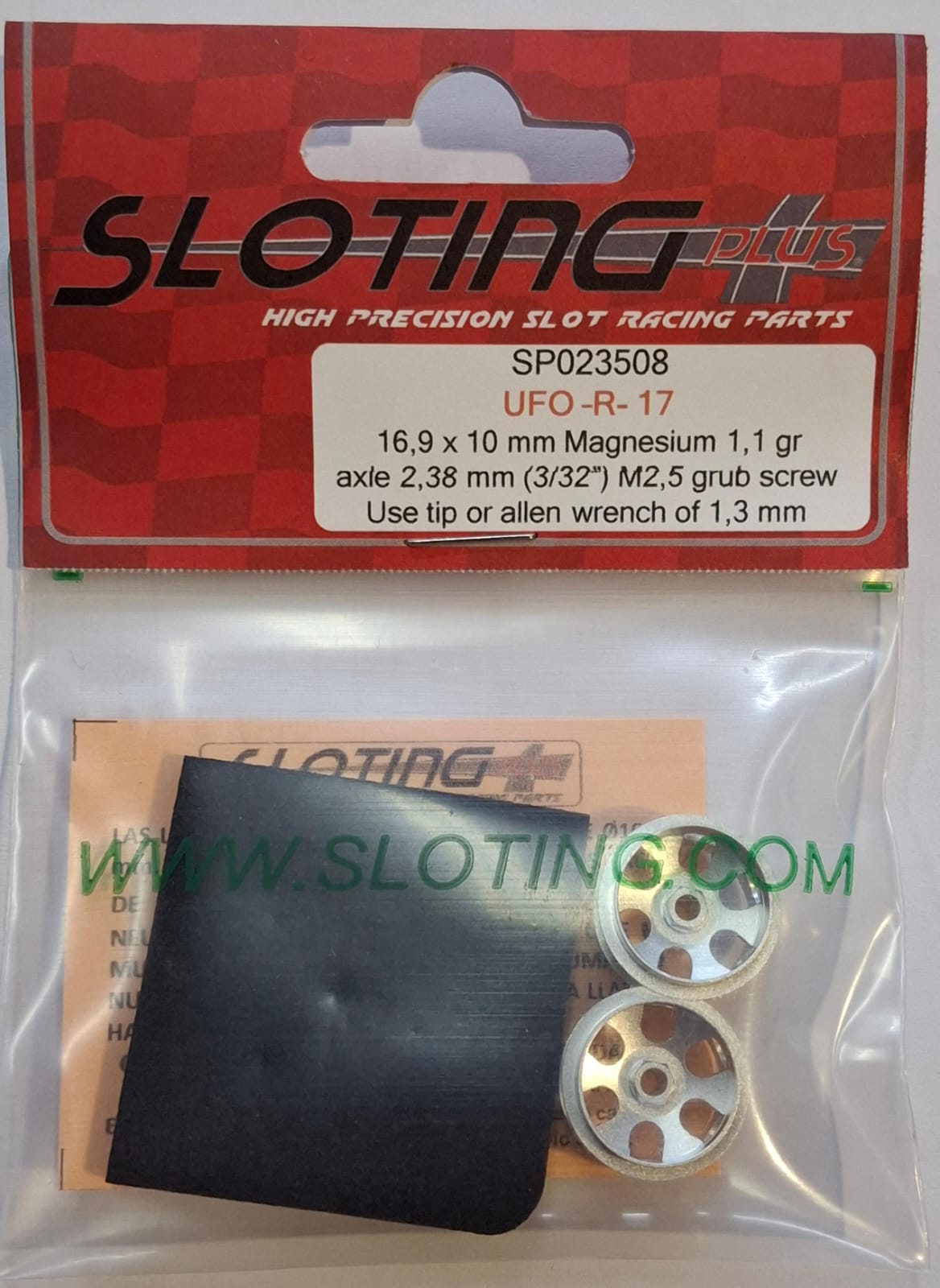 SP023508 - Sloting Plus - UFO-R-17 Wheel 16,9 x 10mm Magnesium 1,1g for 2,38mm (3/32") Axle, M2,5 Grub Screw (Use 1,3mm tip or allen wrench) - Image 2